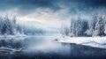 A serene winter wonderland landscape with snowÃÂ -ÃÂ covered trees,ÃÂ a frozen lake,ÃÂ and softly falling snowflakes Royalty Free Stock Photo